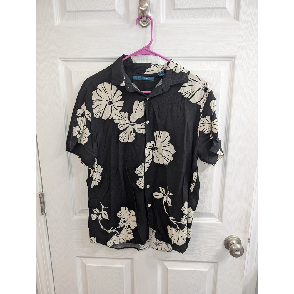 Perry Ellis Button Down Shirt Mens Black White Floral Tropical - Size L